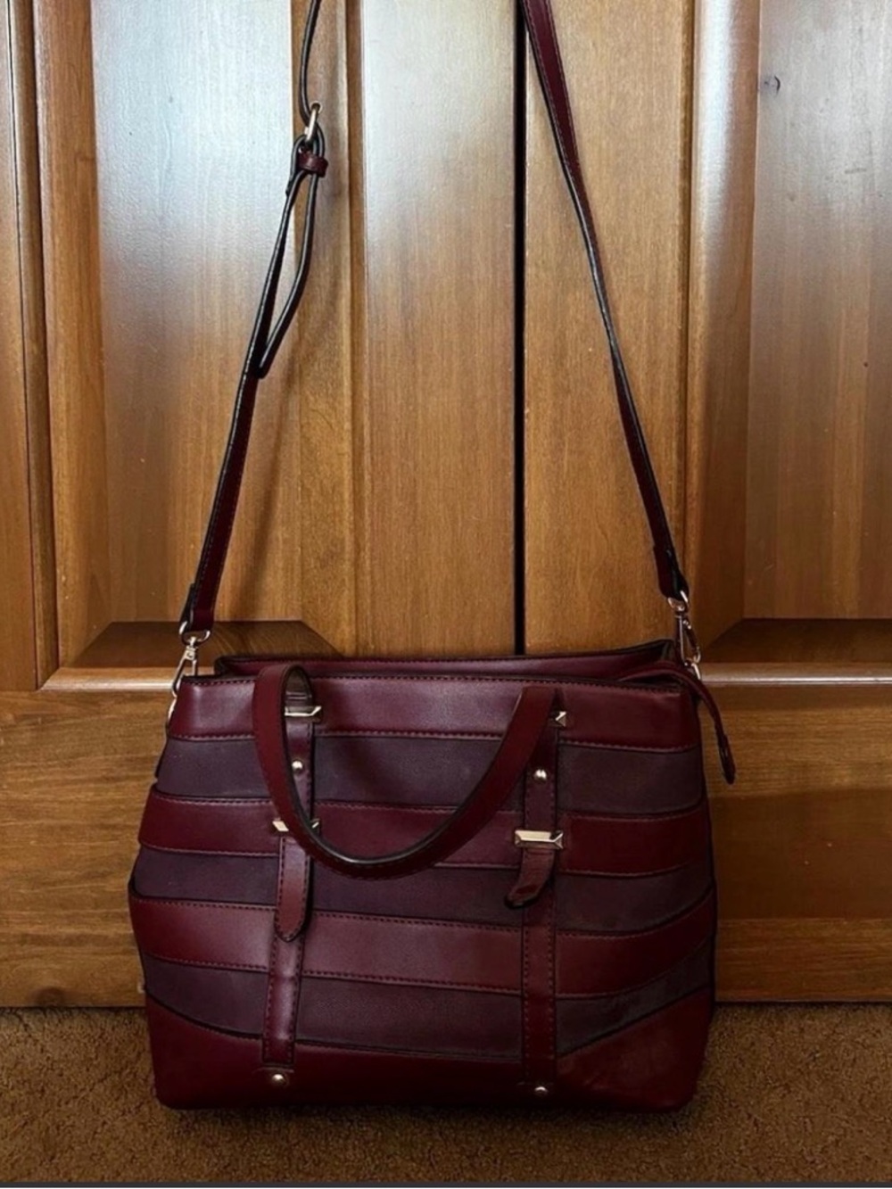 Burgundy faux leather crossbody striped bag w gold hardware